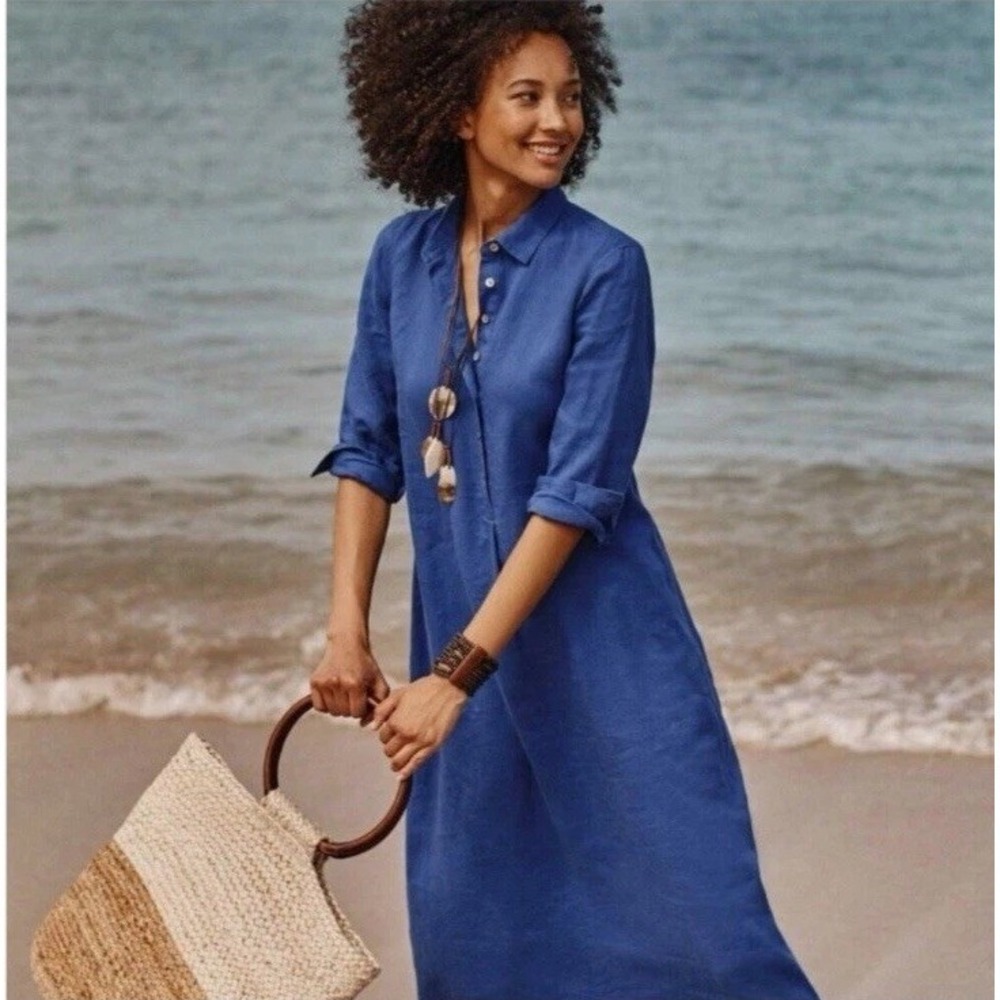 Blue Linen Shirt Dress - Classic Women's Button-Front Dress